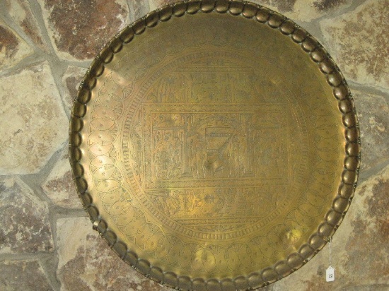 Large Brass Tray Engraved w/ Egyptian Motifs & Flared Rim