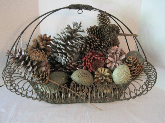 Wall Accent Large Wire Basket w/ Rolled Scroll Design Rim, Pines