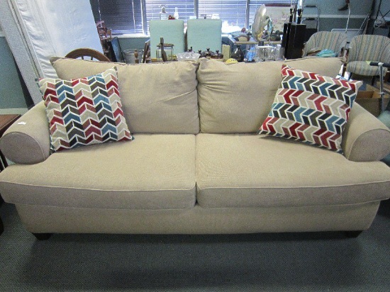 Beige Upholstered 2 Seat Couch w/ Cushions