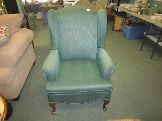 Green/Turquoise Upholstered Arm Chair, Wing Back w/ Pad Feet