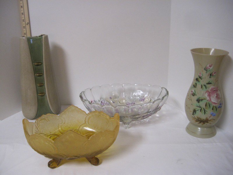 Lot Bristol Glass Vase Hand Painted Roses Retro Hyalyn Pottery