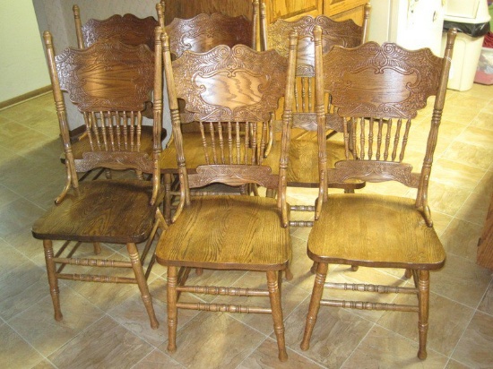 6 Oak Pressed Spindle Back Chairs Traditional Design Oak Foliage & Acorns