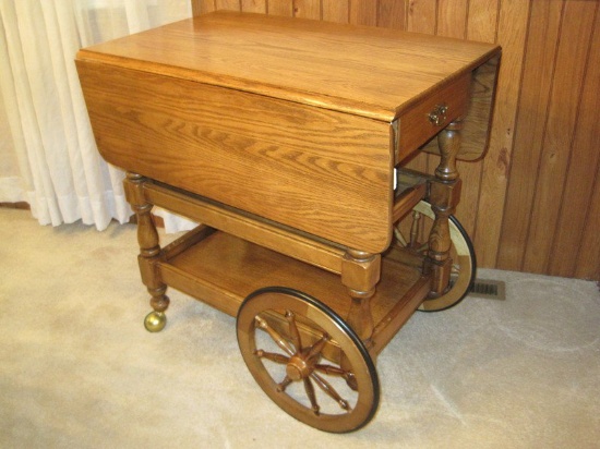 Oak Drop Leaf Tea Cart w/ Lined Divided Drawer & Serving Tray