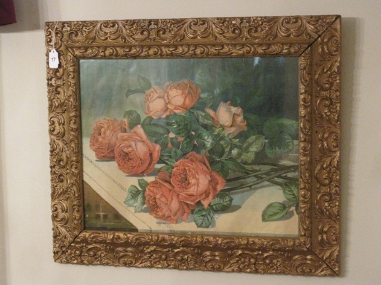 Early Still Life Titled "American Beauties" Rose Lithograph in Embellished Foliate