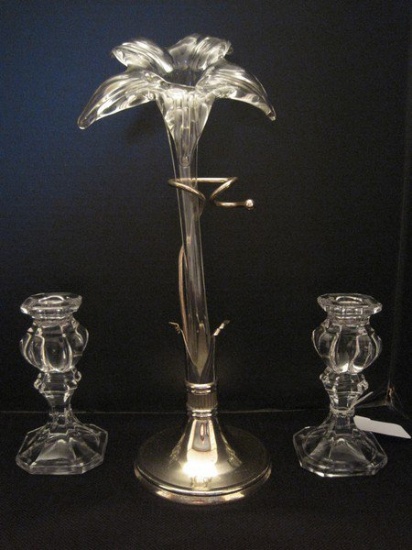 Lot - Hand Blown Art Glass Lily Flower 14 3/4" Bud Vase in Silverplate Stand