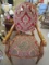 Ornate Floral Upholstered Wood Chair, Scroll Arms, Column Feet, Floral Carved Design