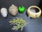 Misc. Lot - Green Glass Apple, Plastic Pinecone, Paper Mache Pig, Oak Leaf Wall Art Metal