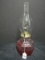 Glass Lamplight Forms Oil Lamp Vintage w/ Brass, Cut Rural Scene w/ Glass Funnel & Contents