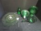 Green Glass Lot - 11 Depression Glass Saucers, Glass Pan, Bud Vase