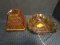 Lot - Amber Glass Leaf Design Candy Dish & Ornate Amber Glass Pyramid Candle Light