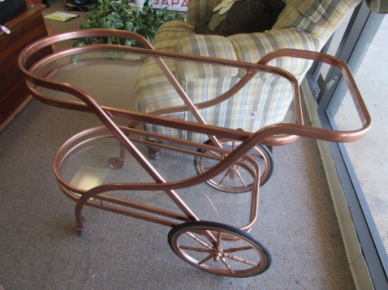 Bronzed/Brushed Metal Frame Tea Cart w/ Glass Shelves, 2 Tier on Wheels