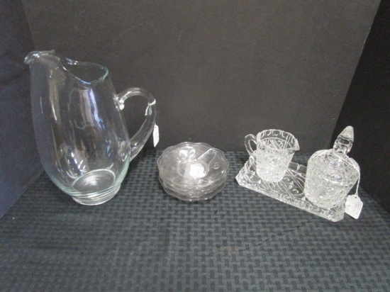 Crystal Glass Lot - 1 Large Picher Monogrammed 'C', 4 Saucers 5 1/4", Cut Glass Sugar/Creamer