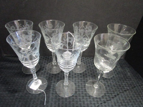 Lot - 7 Glass Wine Goblets w/ Frosted Floral Design, 2 w/ Wheat Design