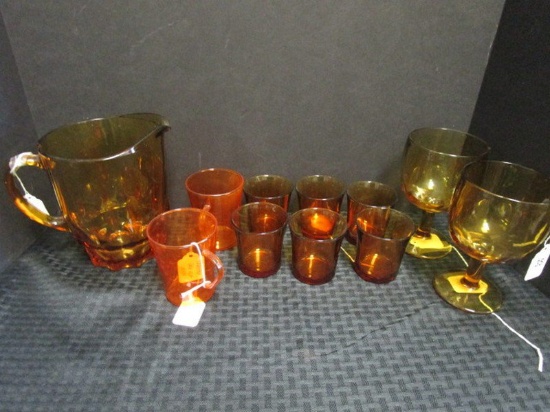 Lot - Amber Glass Pitcher 6 1/2", 2 Goblets 6", 6 Cups, 2 Cups w/ Handles