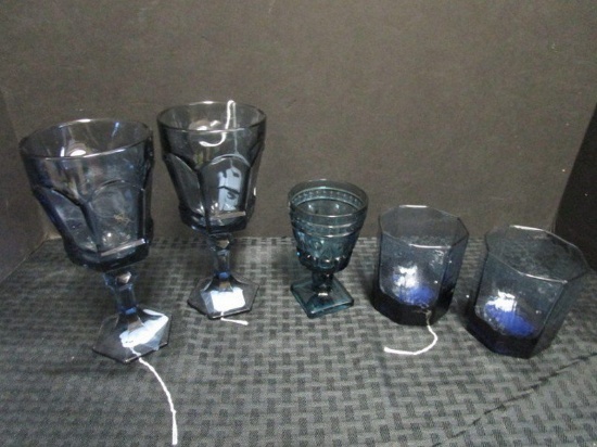 Dark Blue Cut Glass Lot - Pair Wine Goblets w/ Fostoria Design, Pair Whiskey Glasses