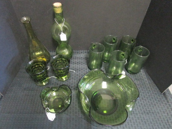 Dark Green Glass Lot - 4 Ale Mugs, 2 Hobnail Glasses, Chip/Dip Bowls