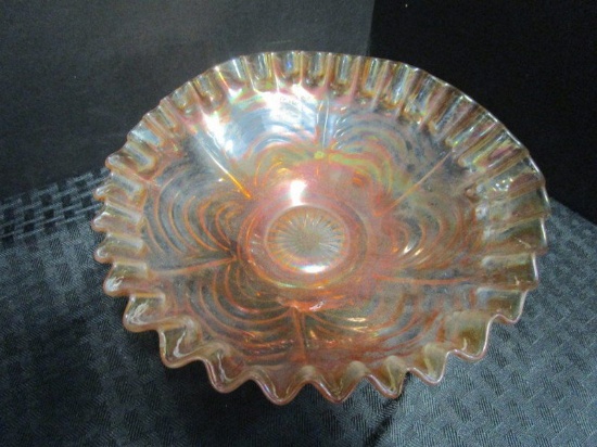 Lot - Carnival Glass Bowl, Ruffled Rim & Oblong Bowl Lattice Design