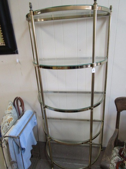 5 Tier Glass Shelves Half Moon Metal Frame Ball/Floral Style Feet, Metal Ornate Finials