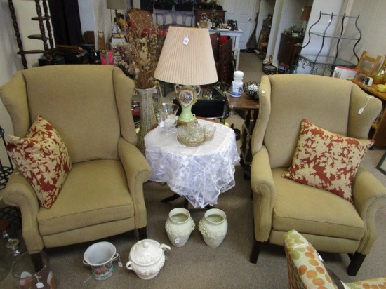 x2 Pair Wing Back Arm Chairs/Recliner w/ Wood Feet Beige w/ Floral Design Cushions