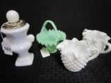 Lot - Pair Fenton Milk Glass Hobnail Creamer/Sugar, Green Milk Glass Hobnail Basket