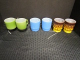Lot - 6 Milk Glass Cups, 2 Green, 2 Blue, 2 Brown/Yellow Beaded Design