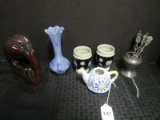 Misc. Lot - Andre by Sadek Mini Teapot, Blue Bud Vase, Pair Ceramic Bud Vase S331 on Base