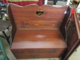Vintage Stained Wood Storage Bench Bow Top w/ Carved Heart Motif