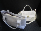 Lot - 2 Handbags, 1 Cream/Diamond Pattern, 1 Silver Tote Bag