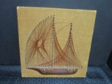 Mid-Century Modern Wire/Wood Ship Art on Burlap Fabric/Canvas