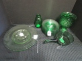 Green Glass Lot - 11 Depression Glass Saucers, Glass Pan, Bud Vase