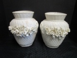 Pair - Ornate Carved Floral Cream Vase Pottery Ceramic w/ Lattice Motif