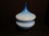 Blue Milk Glass Candy Dish on Pedestal w/ Lid