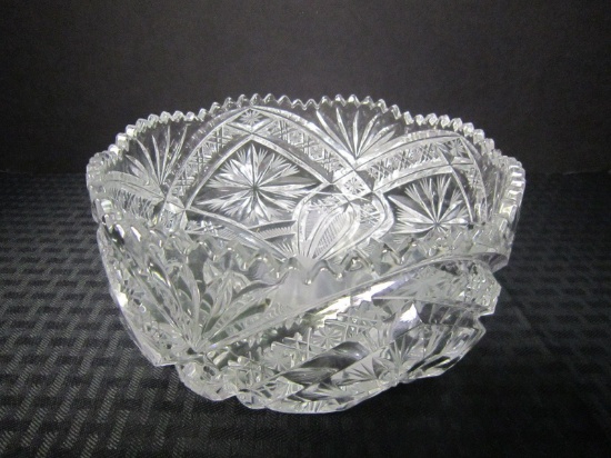 Clear Pressed Cut Glass Bowl Saw Tooth Rim, Ornate Motif