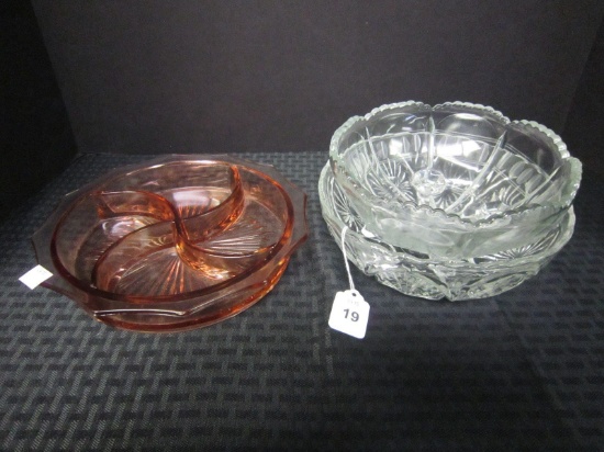 Lot - 1 Ornate Cut Clear Glass Bowl Scalloped Rim & Raised Cut Clear Glass Bowl Scalloped Rim