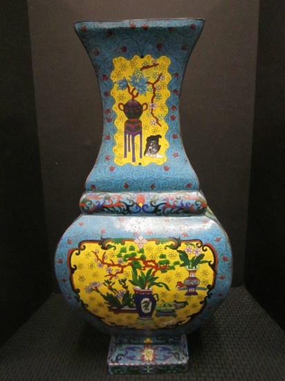 Rare Antique Large Size Vase, Metal/Enamel Cloisonné Chinese Motif Hand Painted,