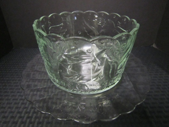 Lot - Large Green Glass Bowl w/ Bird/Butterfly Motif, Scalloped Rim
