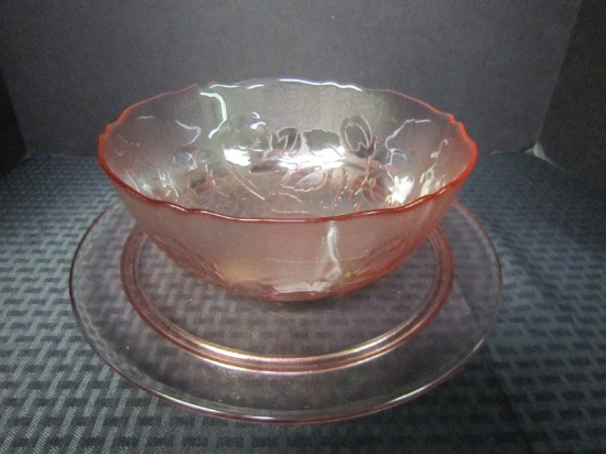 Pink Glass Serving Bowl w/ Platter, Floral/Roses Motif