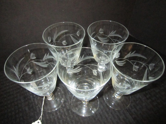 5 Frosted Glass Water Goblets, Floral Motif