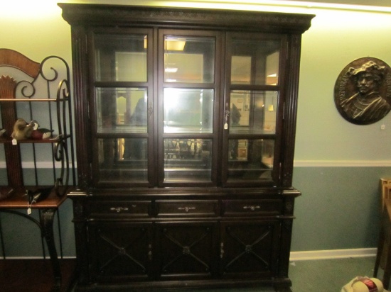 Ashley Furniture Wood Dining Buffet w/ Glass Window Hutch Doors, 3 Drawers, 2 Hutch Doors