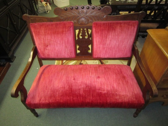 Ornate Carved Floral Motif Dark Wood Bench w/ Burgundy Upholstery