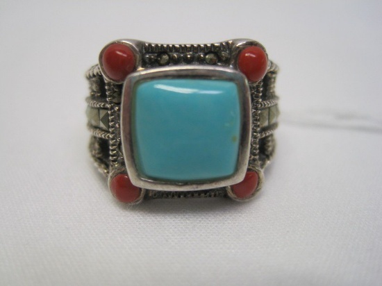 Stamped 925 THAI Turquoise Ring w/ Marcasite Accent