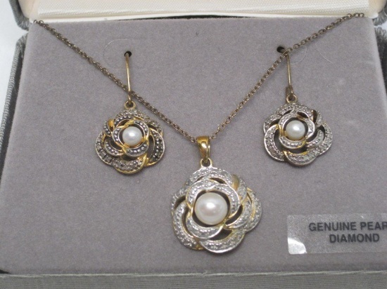 Genuine Pearl & Diamond Necklace Pendant & Matching Pierced Earring