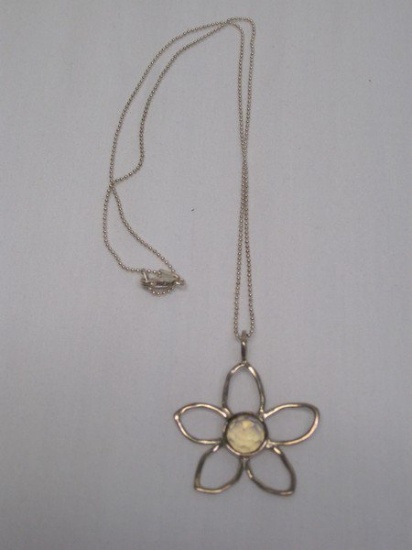 Stamped 925 Necklace w/ Bili 925 flower Pendant & Multifaceted Opalescent Center
