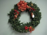 Pre-Lit Christmas Wreath w/ Ribbon Bow, Berry & Gold Finish Pine Cones