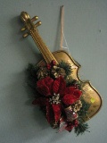 Gilded Decorative Violin w/ Red Poinsettia & Greenery Wall Accent