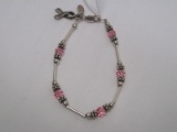 Hand Crafted Dainty Bracelet w/ Pink Seed Beads & Ribbon Stamped 925 CCA