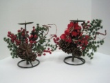 Pair - Decorative Greenery, Berry & Pine Cones Pillar Metal Candle Stands