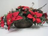 Poinsettia & Foliage Center Piece in Embossed Grape Vine Pattern Tin Planter Antiqued Patina
