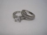 Wedding Band Bridal Set Stamped 925 Bands w/ Cubic Zirconia & Baguette