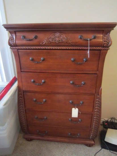 6 Drawer Standing Dresser, Solid Wood, Metal Pulls, Carved Ornate Fern Motif, Pad Feet